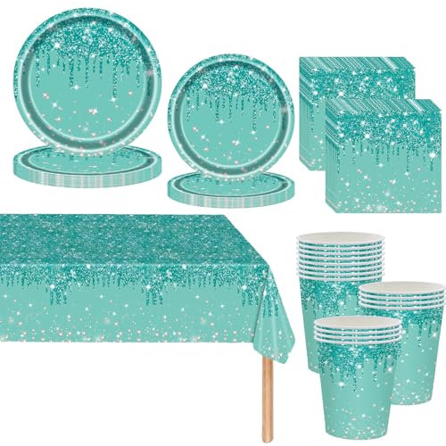 Teal Glänzendes Glitzer-Diamant-Partygeschirr für Erwachsene/Kinder, 81-teilig, blaugrün, Geburtstagsgeschirr, Pappteller, Becher, Servietten und Tischdecke, Set für Sie, Geburtstagsgeschenke