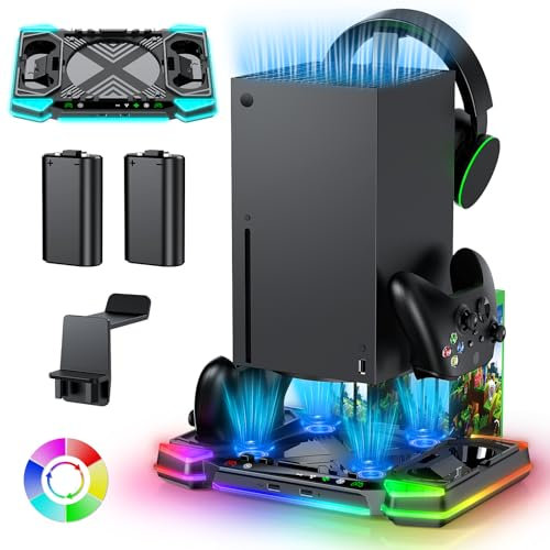 Cooling-Stand-Charging-Station for Xbox Series X Console＆Controller, Cooler Fan Charger Dock for Xbox Series X Accessories with 11 RGB Light Modes,2x1400mAh Rechargeable Batteries,Game Storage
