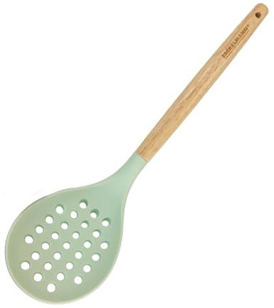 Fackelmann Schiumarola da cucina in silicone, utensile per scolare, con manico in legno di Hevea 100%, temperatura massima consigliata 230°C, lavare a mano, dimensione 31,5x8x5cm, Linea Ocean