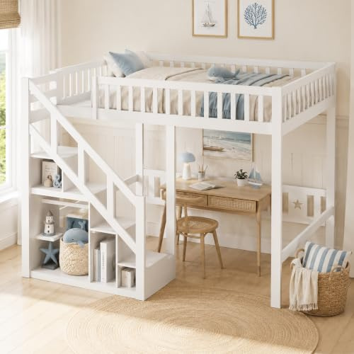DULRLLY Lit Mezzanine 90x200 cm, Multifonctionnel Lit Superposé Enfant avec Escaliers de Rangement et Barrière de Sécurité, Sommier à Lattes en Bois, Lit Hauteur Enfant pour Garçon et Fille, Blanc