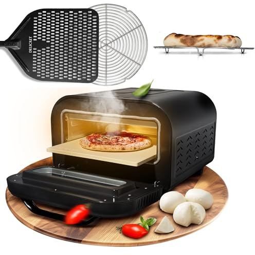 DELICRET elektrischer Pizzaofen 12 - bis zu 450℃ - 1700 Watt - Backraumtemperatur und Steintemperatur getrennt einstellbar