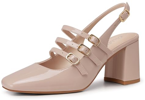 CELLENZ Women Mary Jane Shoes: Closed Toe Strappy Heels - Nude Dressy Comfort Shoe - Block Graduation Cute Strappy Pumps Size 8