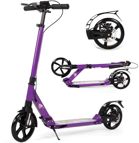 Monopattino per bambini dagli 8 ai 12 anni in su, ruote grandi da 200 mm, per adulti con freni a disco, scooter per adulti con cinghia per il trasporto e doppio assorbimento degli urti (Viola)