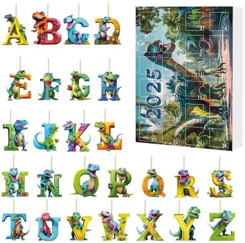 Nedräkningskalender till jul - nedräkningskalender till jul - 2D akryl alfabetet dinosaurie-tema ornament 24 dekorativa hängande lådor för att fylla julstrumpor pojkar flicka