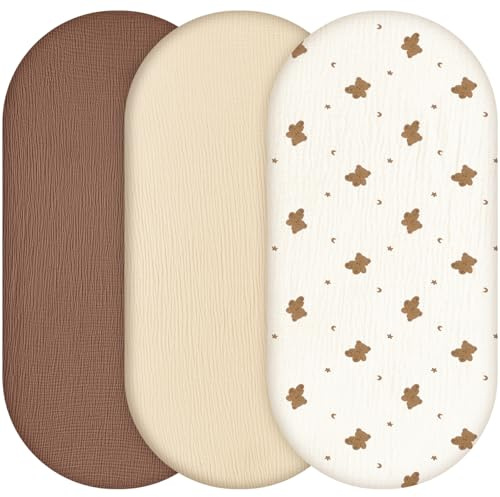 Yukkidds Moses Basket Sheets, Muslin Pram Bassinet Sheets Fitted 81x41 Baby | 100% Muslin Cotton, Soft & Breathable, Carrycot Sheets for Pram, 3 Pack Moses Basket Mattress Cover, Brown Bear