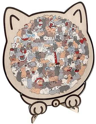 -Colored Cats Shaped Wooden Jigsaw Puzzle 23.7x21.8 Cm 135 Pieces Wooden Cat Puzzle Box Irregular Jigsaw With Frame Cat Wood Jigsaws Puzzles Decor Kit Toy For Adults Kids Family Friends