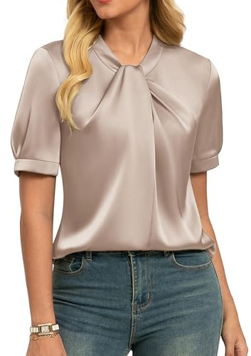 GRACE KARIN Chemisier en satin à manches courtes pour femme - Élégant - Pour fête d'été - Chemisier en soie - Haut d'affaires, beige, XL