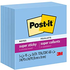Post-it Super Sticky Notes, 3 x 3 in, 5 Pads, 90 Sheets/Pad