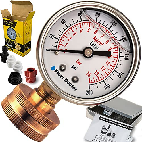 Flow Doctor Water Pressure Glycerin Filled Gauge Kit, All Purpose, 6 Parts Kit, 0 To 200 Psi, Standard 3/4 Female Garden Hose Thread Plus 5 Adapters To Test in Multiple Locations Indoors and Outdoors