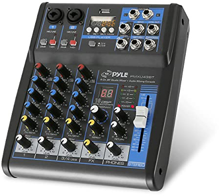 Pyle 4 Channel Audio Mixer with Bluetooth - DJ Sound Board Controller - USB Computer Input - Built-in MP3 Player - 48V Phantom Power - 3 Band EQ - 16-Bit DSP FX - Band, Studio Ready - PMXU43BT
