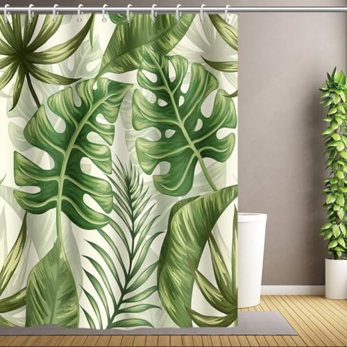 Yeele 60x72 Tropical Palm Leaf Shower Curtain Spring Botanical Shower Curtains for Bathroom Watercolor Green Plant Bathroom Curtain Bathtub Polyester Waterproof with Hooks