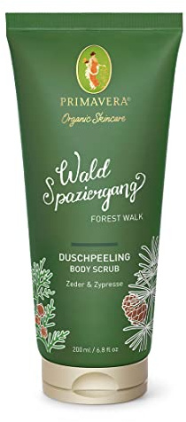 PRIMAVERA Waldspaziergang Duschpeeling 200 ml – Körperpeeling, Naturkosmetik – Zeder, Zypresse Duft – reinigt mit milden Zuckertensiden, glättet die Haut - vegan