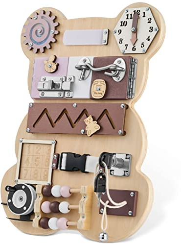 Balinco – Busy Board Holzspielzeug 13-in-1 – Montessori Spielzeug Activity Board – Sensorik- & Lernspielzeug in Bärenform – Interaktives Motorikbrett pädagogisch wertvoll