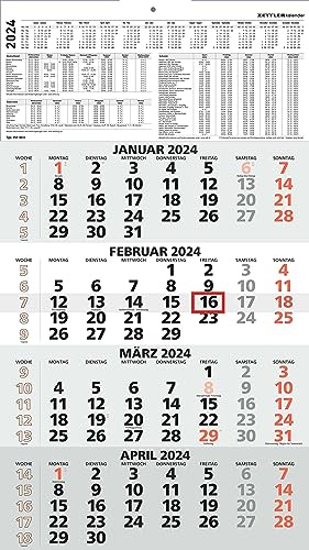Calendrier 4 mois 2024 - Rouge - 33 x 58,8 cm - Avec tableau de tête - Curseur de date - 959-0011-1
