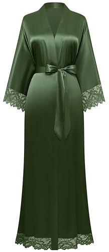 BABEYOND Women's Kimono Dressing Gown Satin Kimono Robe Long Kimono Bridesmaid Bath Robe with Lace Trim for Nightwear Girl's Bonding Party Wedding Pajama Party(Green)