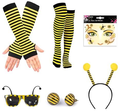 Zdhsufnvw 6 Piezas Disfraz Abeja Mujer (Sin ropa incluida) Disfraces de Abeja Adulto Carnaval Gracioso Pegatina Cara Guantes y Medias Rayas sin Dedos Gafas de Fiesta para Carnaval Halloween Cosplay