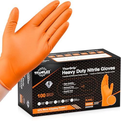 TitanFlex Heavy Duty Orange Nitrile Gloves, 6 Mil, Raised Diamond Texture, Mechanic Disposable Gloves, Latex Free Powder Free
