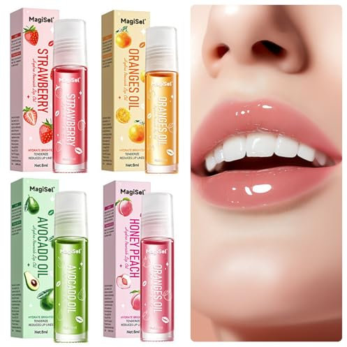 Lip Oil, Aceite de Labios Con Sabor A Frutas, Brillo de Labios Líquido Hidratante de Larga Duración, Brillo de Labios con Purpurina Roll-On, Brillo De Labiales Set,4pcs Lip Gloss Transparente