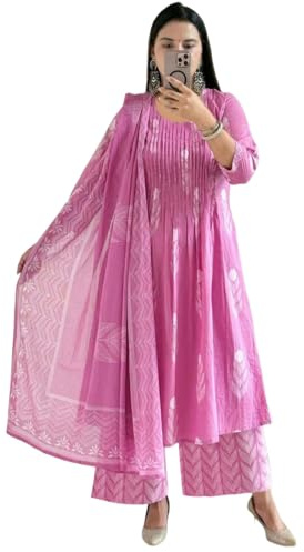 Anni Designer Ensemble de pantalon Kurta trapèze rose clair en pur coton avec dupatta pour femme | Ensemble de costume 3 pièces à plis à la main | Ensemble Kurti festif pour femme