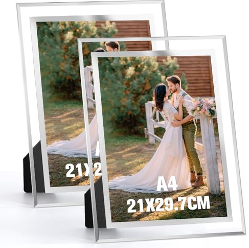 Acrrynii Set de 2 Marcos de Fotos A4 21x29,7 cm, Marco DIN A4, Marco Fotos de Vidrio para la Mesa, Portafotos de Cristal con el Borde Plateado para Habitación, Salón, Oficina, Horizontal o Vertical