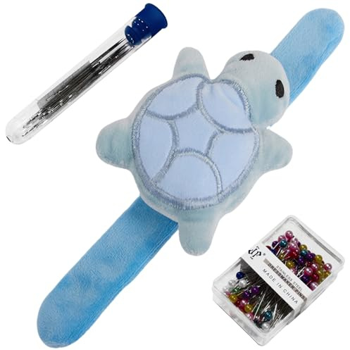 Turtle-Shaped Wrist Pin Cushion for Sewing, Snap Bracelet Wrist Bands Pincushion Organizer for Pins and Needles Include 80 Pearl Ballhead Pins and 18 Sewing Needles, Blue
