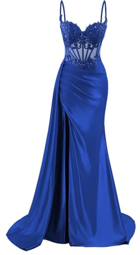 KIYNE - Vestidos de graduación de satén con tirantes para mujer con abertura, encajes, estilo sirena, corsé, vestido formal de fiesta de noche, azul real, 56 Grande