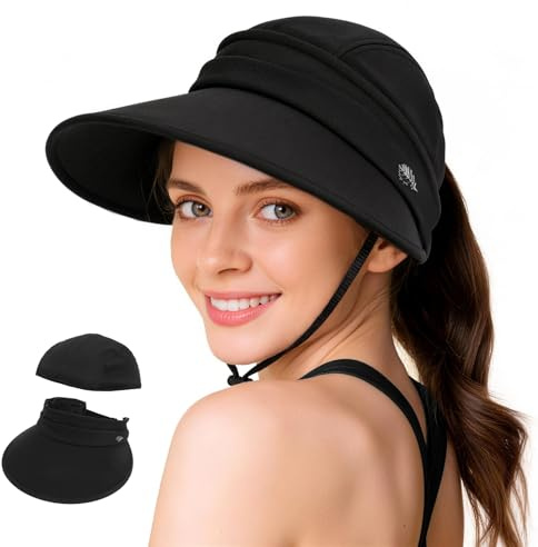 LCKEBT Chapeau de Soleil Femme 2-en-1 à Large Bord, Chapeau de Plage Convertible avec Dessus Amovible, visière avec Ouverture Queue de Cheval, Chapeau d’été Protection UV Voyage extérieur
