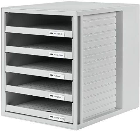 HAN Schubladenbox SCHRANK-SET – attraktives Design für Unterlagen bis DIN C4, mit 5 offenen Schubladen, lichtgrau, 1401-11
