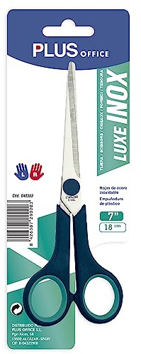 Plus Office - Tijera de Oficina, Multiusos de Acero Inoxidable, Agarre Ergonómico y Cómodo, 18 cm, para Manualidades, Oficinas y Hogar - Color Azul y Verde