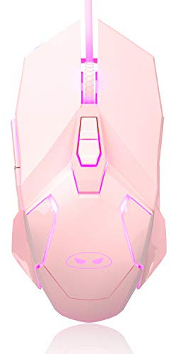 MageGee G10 Gaming Mouse Wired, 7 Colors Breathing LED Backlit Gaming Mouse, 6 Adjustable Speeds, Ergonomic Optical Computer Mouse with 7 Buttons for Windows PC Gamers, Pink
