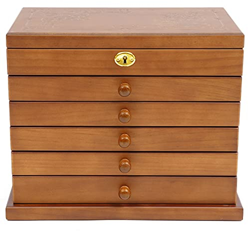 DENEST Vintage Schmuck-Aufbewahrungsbox aus Holz - Organizer, Geschenkbox, Schatulle Mit Schublade und 6 Ebenen