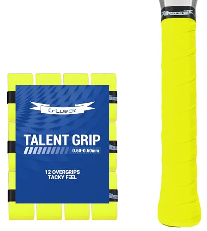 G-Lueck 12er Set Tennis Griffband TALENT GRIP | 0,60mm Stärke | Overgrip für Squash Badminton Schläger & Kicker inkl. selbstklebendes Abschlußband | sehr griffig, Anti-Rutsch (Neon-Gelb)