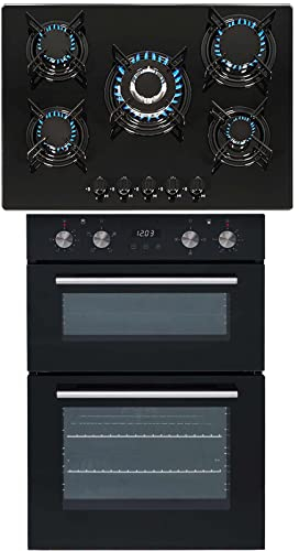 SIA 60cm DO102 Double Built In Electric Fan Oven & GHG713BL 5 Burner Gas On Glass Hob With Enamel Pan Stands