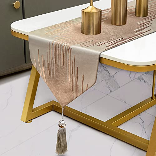 Fullony Glam Champagne Table Runner 13 x 98 Inches Long Double Layer Abstract Pattern with Luxury Tassel for Coffee Sofa Dresser Dining Table Fireplace Home Decor