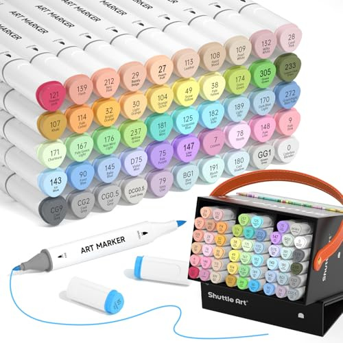 Shuttle Art 51 Pastel Colours Alcohol Markers Brush Tip, Dual Tip Art Pens and Colourless Blender, Brush & Fine Felt Tip Pens with Case for Artists Adult Illustration Colouring Sketching Drawing