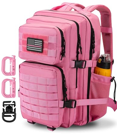 Hannibal Tactical 45L MOLLE Assault Backpack, Tactical Backpack Military Army Camping Rucksack with Bottle Holder, 3-Day Pack Trip w/USA Flag Patch, D-Rings, Pink
