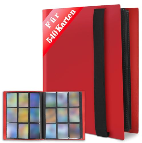 JUSONEY Raccoglitore per carte collezionabili - Album da 540 tasche 30 pagine per 9 tasche con copertina rossa impermeabile - Perfetto per tutte le carte da gioco di dimensioni standard (Rosso)