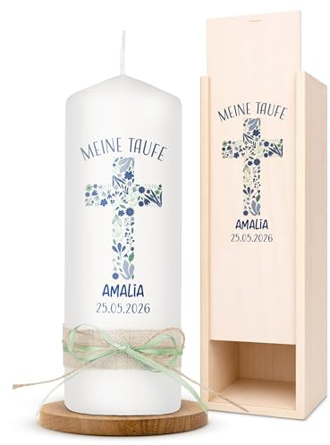 AMARI® Florales Kreuz Personalisierte Taufkerze (002.10.05) - H:20cm/⌀:7cm - Mädchen/Junge - Gestalten Sie Ihre eigene Taufkerze mit Namen