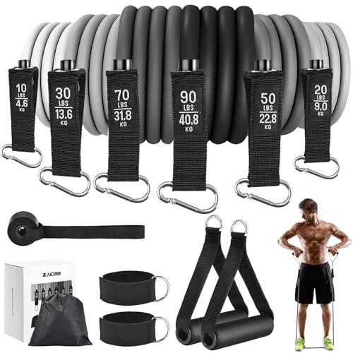 Zacro Resistance Bands, 6 Fitnessbänder Set Widerstandsbänder,Widerstandsband Set Fitnessband mit Griff Knöchelriemen Türankerbefestigung Tragtasche, Fitness Bänder für Krafttraining Physiotherap