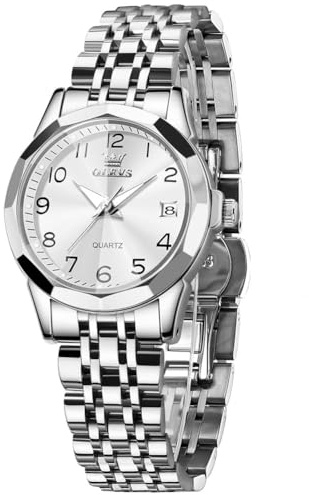 OLEVS Montre Analogique pour Femme Or Argent Acier Inoxydable Bracelet Elégance Etanche Watch Femme Bleu Petit Cadran Date Montre Lumineuse Numéros Arabes Facile à Lire