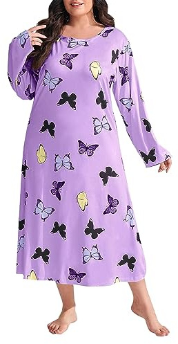Camicia da Notte Donna Abito da Notte Lungo da, Ampio, Ampio, a Maniche Lunghe, con Stampa di Farfalle e Spalle cadenti Camicia da Notte Donna Invernale Calda (Purple, XXXXXL)