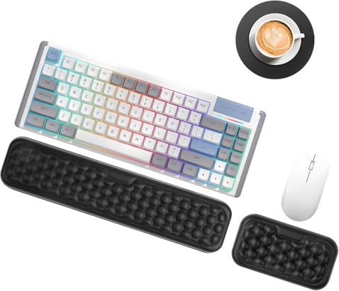ANOMM Juego de reposamuñecas 3 en 1 para teclado, ergonómico de espuma viscoelástica suave para teclado y mouse con posavasos, diseño antideslizante para mayor comodidad al escribir, juegos y uso en