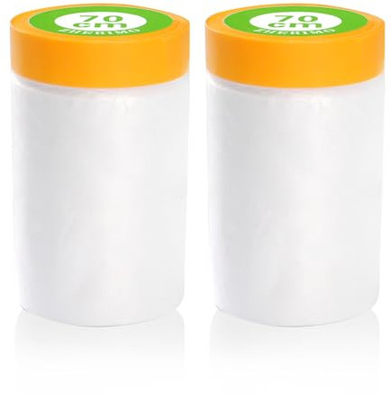 Tikplus Abdeckfolie mit Klebeband, 2 Rollen Malerfolie Abdeckfolie, 70 x 200 cm Selbstklebende Abdeckfolie Maler, Abklebeband mit Folie zum Staubschutz, Spritzschutz, Schutz von Möbeln, Wänden, Autos