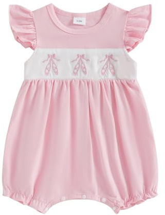 MoZiKQin Baby Girl Summer Romper Boutique Bow Embroidery Ruffle Sleeve Jumpsuit Cute Clothes for Newborn Toddler (Pink Ballet, 0-3 Months)