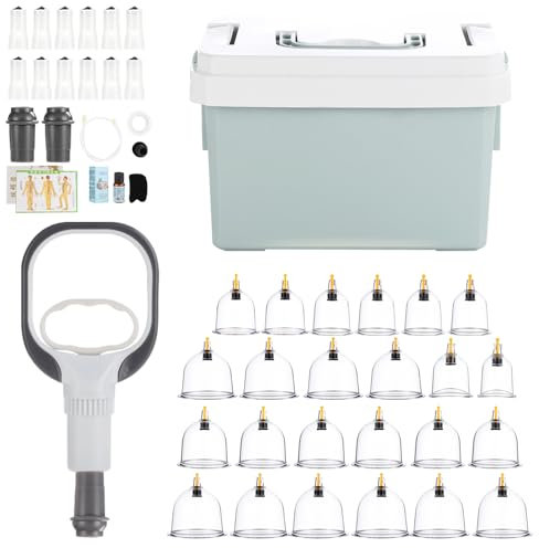 CLIUNT Ventosas Fisioterapia, 24 PCS Juego de Terapia de Ventosas, Ventosas Masaje para Vacumterapia con Mapa de Puntos de Acupuntura para Eliminar la Celulitis, Aliviar y Relajar los Músculos