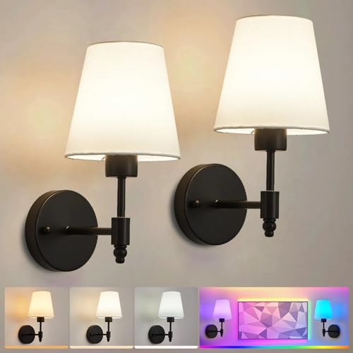 HARPER LIVING Set di 2 lampade da parete a batteria, lampade da parete in tessuto con lampadine ricaricabili e telecomando, 3 CCT e 9 RGB, dimmerabili, senza fili, per camera da letto, soggiorno