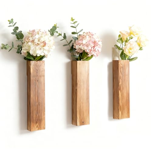 Jarrón de pared, 3 unidades, jarrón para decoración del hogar, jarrones de pared, jarrón de flores, jarrón decorativo de madera para plantas interiores, versátil para flores secas y verde artificial
