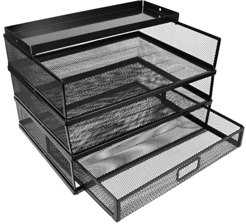 TOYZFRIENDY Organiseur de Bureau Métal Noir 3 Niveaux avec Tiroir et Panier Étagère de Rangement pour Dossiers Porte-Documents Multifonction pour Bureau Classement et Optimisation