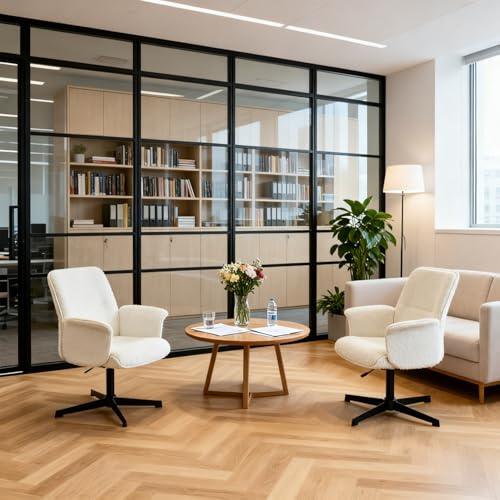 FURNISH 1 Lot de 2 chaises visiteurs Modernes Blanches en bouclé, avec Structure en Bois courbé, Hauteur réglable, pivotantes à 360° accoudoirs rembourrés pour Salle de réunion
