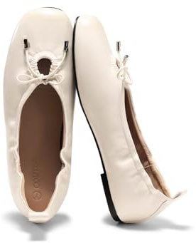 Coutgo Womens Ballet Flats Round Toe Bow Ballerina Flats Comfortable Slip On Dressy Shoes, Cream White, Size 10